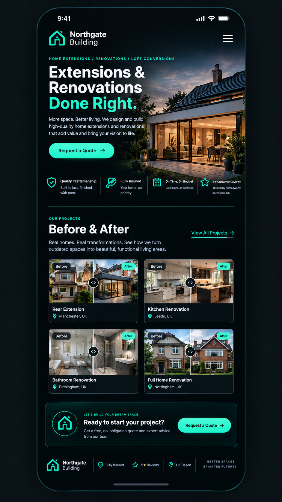 General builder website on mobile
